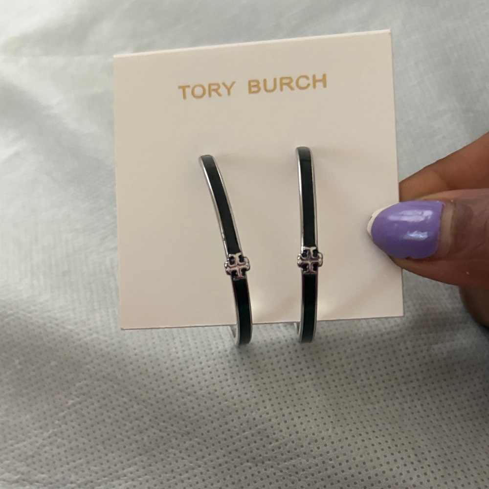 Tory Burch Black and Silver Hoop Earrings